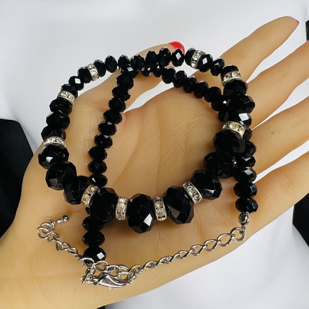 Glamorous Necklace Glass Black Faceted Graduated Beads Rhinestone Gold Tone 4403